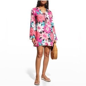 NEW La Blanca In Full Bloom Floral Lace-up Tunic Swim Cover-Up Size Large